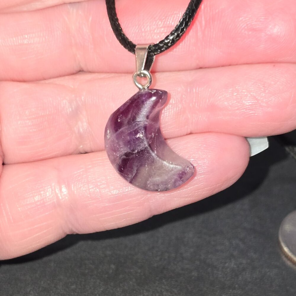 Purple Fluorite Moon Pendant and Cord Necklace Clarity Focus Wisdom